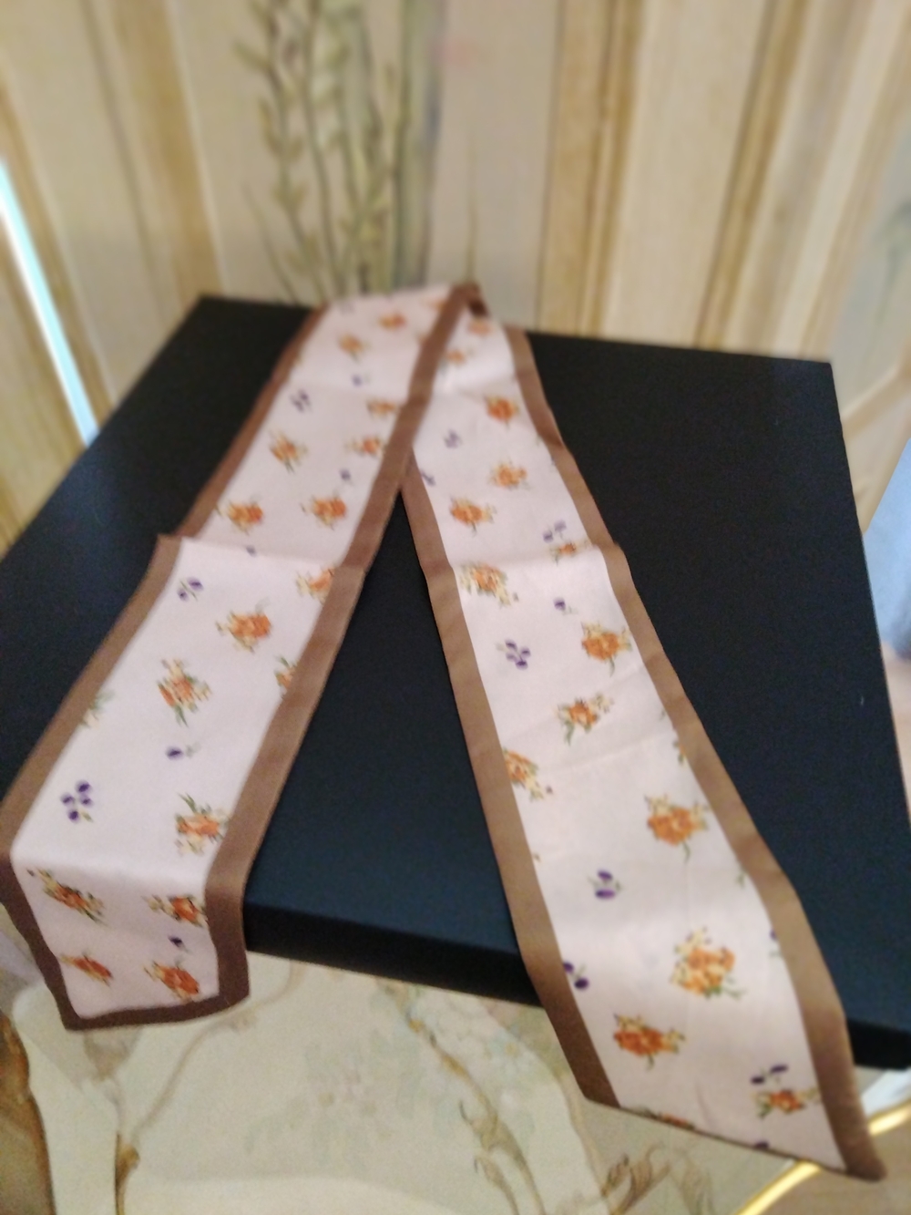 Silk Floral Skinny Scarf in Blush Coffee and Brown